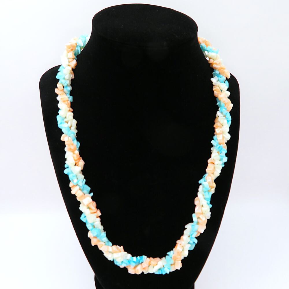 Vintage Shell Chip Necklace 3 Strand Twist Torsade Peach Aqua White Boho Beach